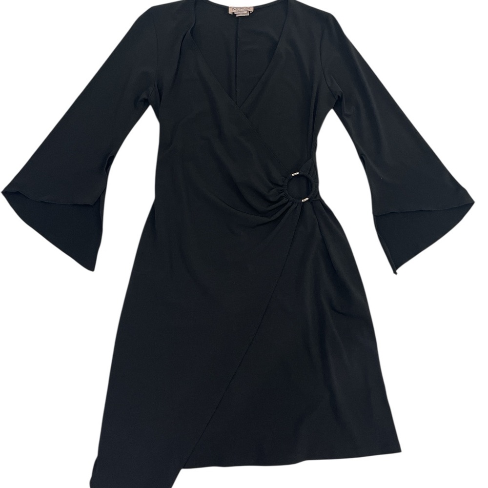 MKM Designs Black Asymmetrical Wrap Dress with Bell Sleeves